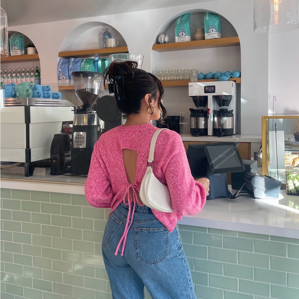 Open-Back Tie-Detail Crew Sweater - Pink